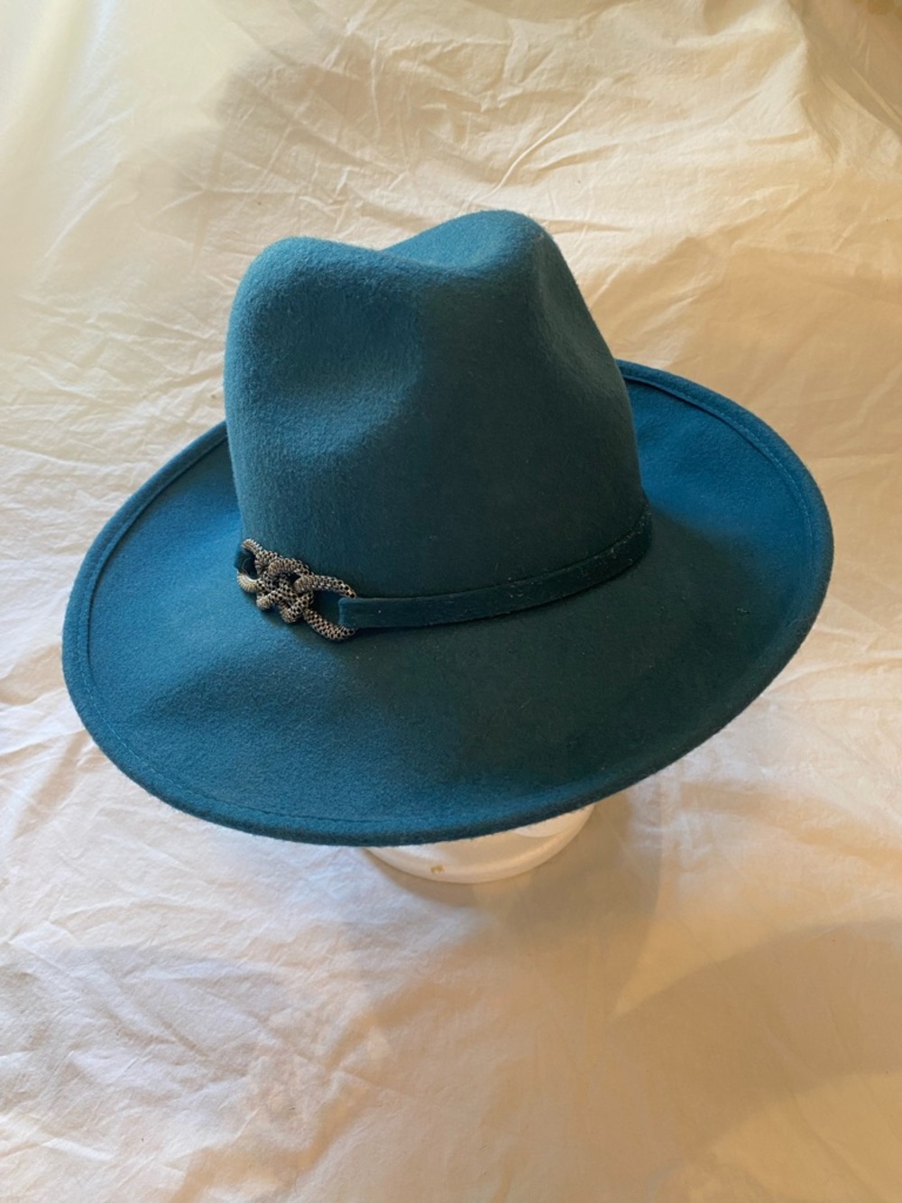 Teal Scala Adjustable Wool Felt Wide-Brim Fedora Hat with Chain Accent
